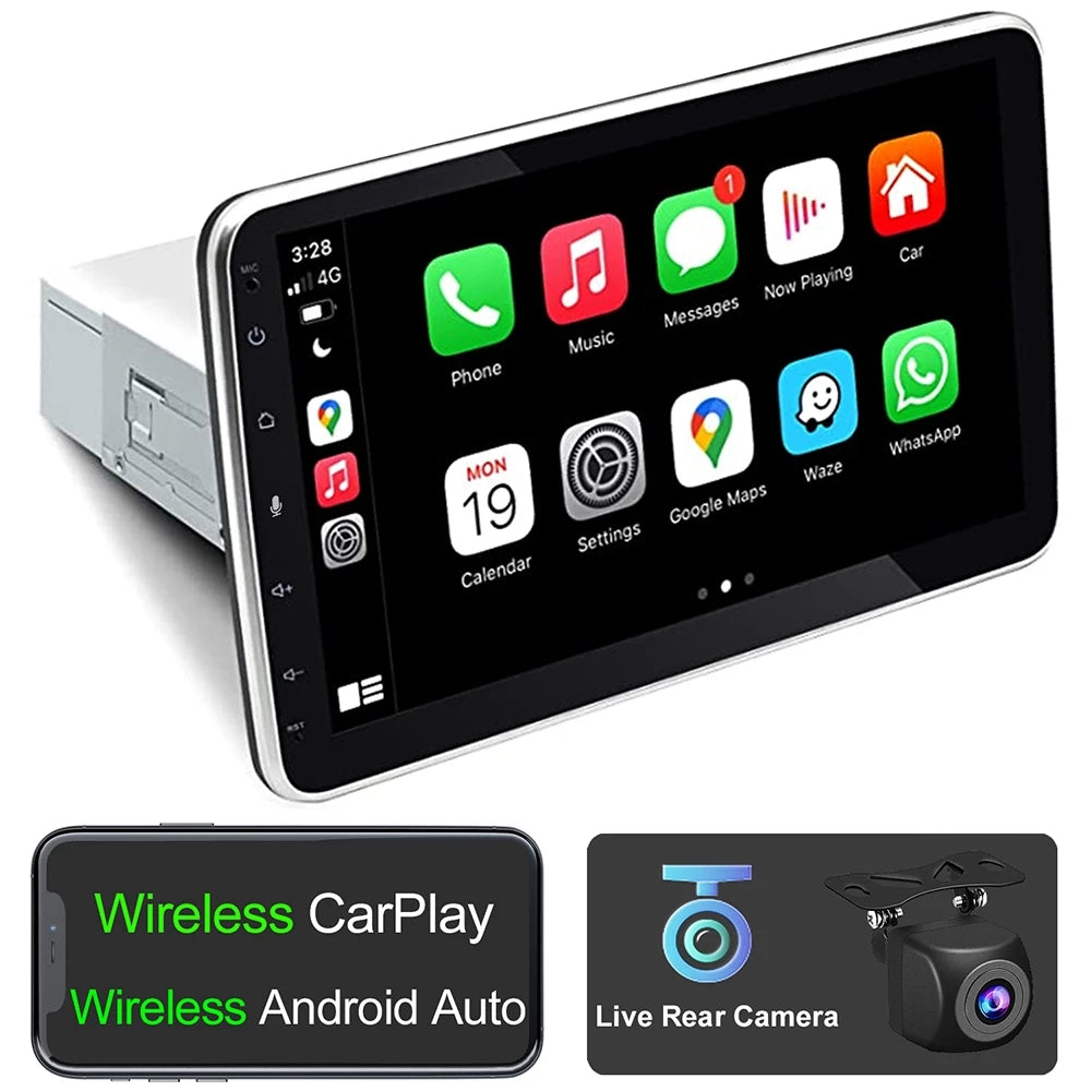 Datong 10.1 Inch 1din Android Auto & Wireless CarPlay Adjustable Car Radio Car Stereo Receiver with Live Rear-View Backup Camera